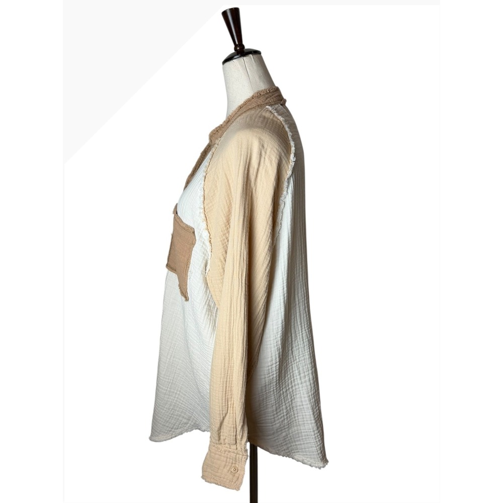 Aerie Gauzy Coverup Shirt Women XS Tan Ivory Colorblock Cotton Oversized - Picture 5 of 11